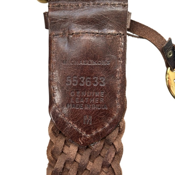 Michael Kors Brown Woven Leather Belt Size Medium Gold Colored Hardware Boho - Picture 3 of 4